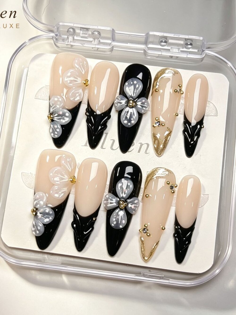 Elegant Black and Cream Floral Stiletto Handmade Press On Nails Set